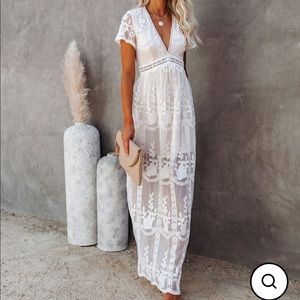 Short-Sleeve Lace Deep V-Neck Maxi